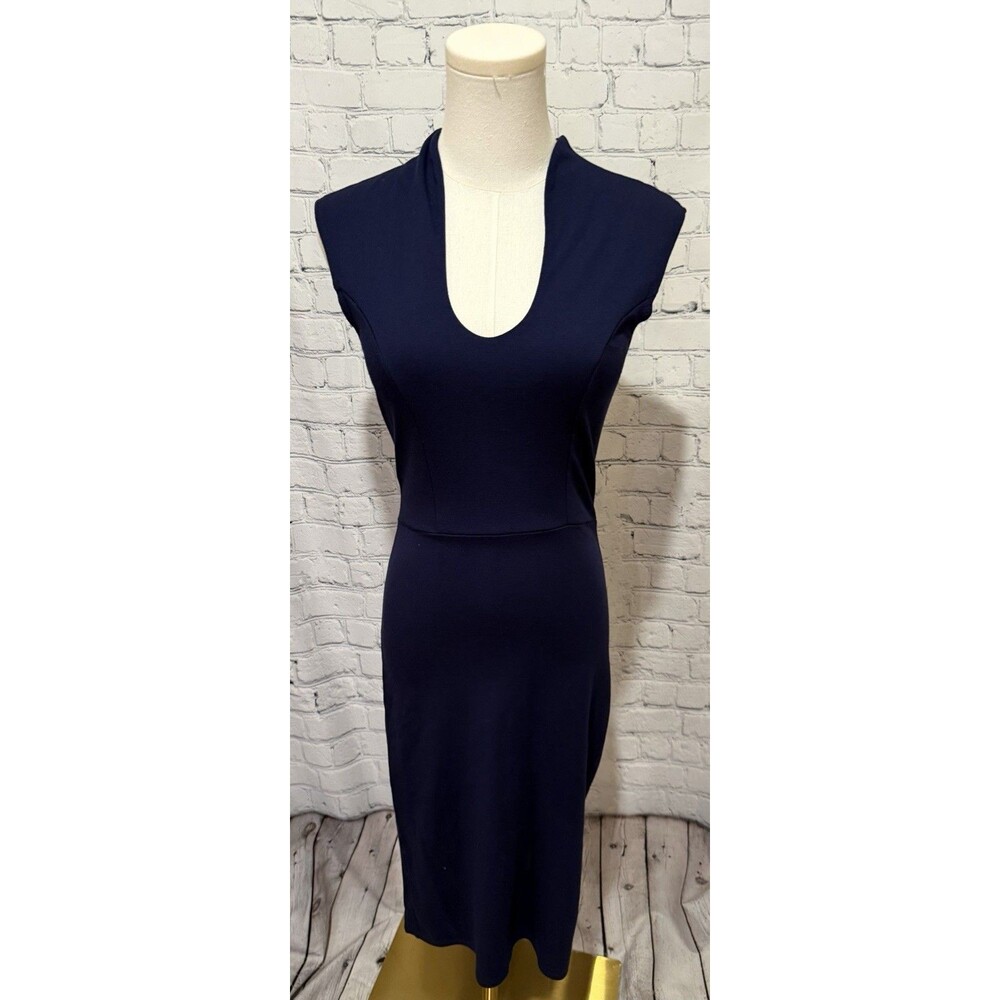 Navy Blue V-neck Sleeveless Midi Bodycon Dress Stretch Medium